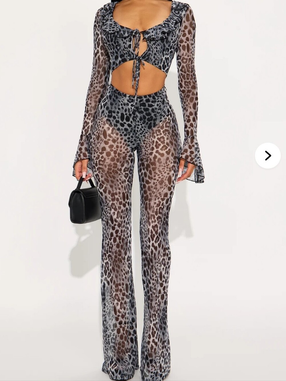 Fashion Nova Sheer Leopard-Print Tie-Front Bootcut Jumpsuit in Gray